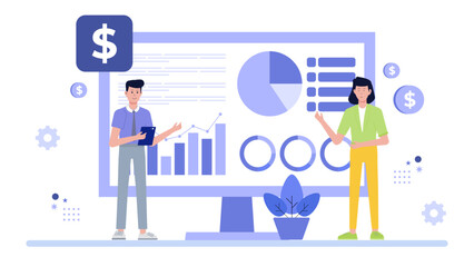 Ideal for business presentations, financial reports, or investment websites. Shows two individuals discussing and analyzing data charts together.