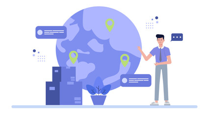 Man pointing at global map, showing locations. Suitable for presentations, articles, and infographics on worldwide topics and travel. Perfect for educational materials. © Hamster