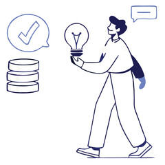 A man and lightbulb nearby a bitcoin symbol vector design. A person holding a large lightbulb. Nearby, a Bitcoin symbol appears connected to circuitry, and a plant with a dollar sign blooms.