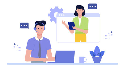Online meeting showcasing a customer service agent assisting a client. Ideal for business communication, virtual support service, remote work concept.