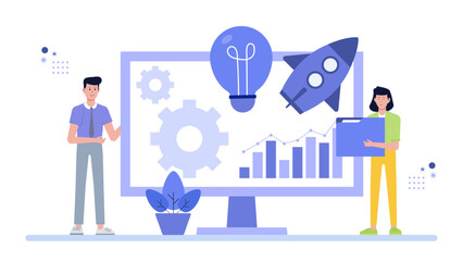 Business people strategizing for a startup success. Suitable for business presentations, entrepreneurship blogs, marketing materials, and workplace themed designs.
