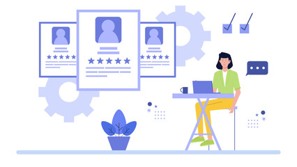 Woman at desk reviewing employee profiles for performance evaluations. Suitable for HR, recruitment, performance management concepts in business presentations.