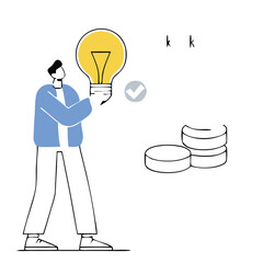 A man and lightbulb nearby a bitcoin symbol vector design. A person holding a large lightbulb. Nearby, a Bitcoin symbol appears connected to circuitry, and a plant with a dollar sign blooms.