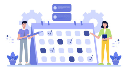 Two people organizing schedules using a large calendar. Perfect for productivity, teamwork, planning, scheduling, organization, business, strategy, and collaboration concepts.