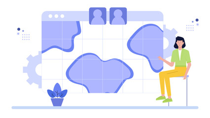 Woman presenting data visualizations on a digital screen. Perfect for technology, business, presentations, analytics, statistics, and data visualization concepts.