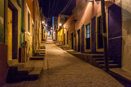 Guanajuato Mexico Narrow Street at Night Angled