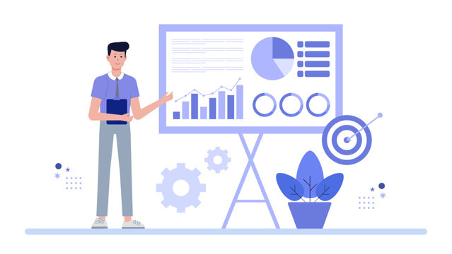 Man presenting business data charts for corporate presentations, financial reports, market analysis, annual reviews, and sales pitches on digital platforms.