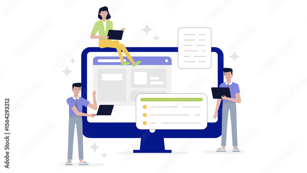 Poster people working collaboratively on a large computer screen, suitable for teamwork concepts, office co