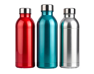 Set of Glossy Insulated Steel Bottles with Reflections, isolated on transparent background