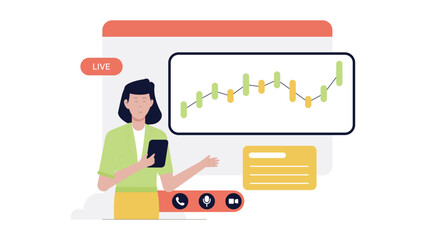 Woman presenting a live online stock market session. Suitable for financial websites, online courses, training presentations, webinars, and educational materials.
