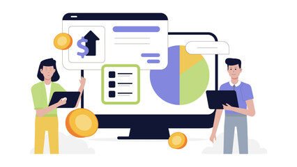 Two people examine financial data on a computer screen, perfect for business presentations, financial reports, technology articles, and banking concepts.