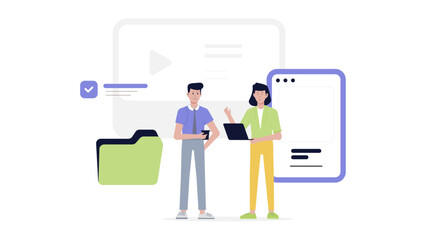 Two colleagues discussing a project near a large phone. Suitable for office environment concepts in business presentations or articles.