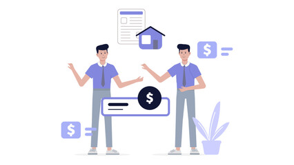 Two men discussing home loans and finances, suitable for financial blogs, real estate articles, banking websites, and mortgage advertisements.