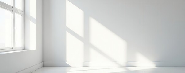 Obraz premium Bright white wall, window light casts shadows, clean minimalist setting, shadows, advertising, neutral