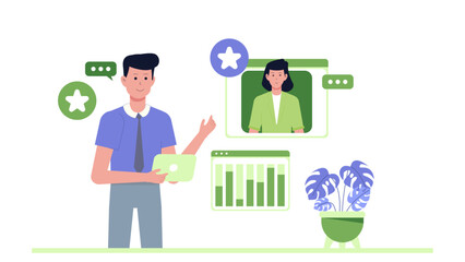 Man showing digital data to a woman over video call. Suitable for remote work, online meetings, virtual presentations, technology concept.