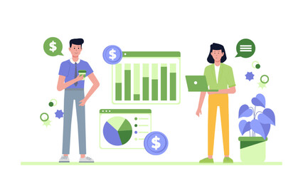 Businesspeople examining financial charts and data, suitable for financial reports, presentations, business articles, and marketing materials for corporate audiences.