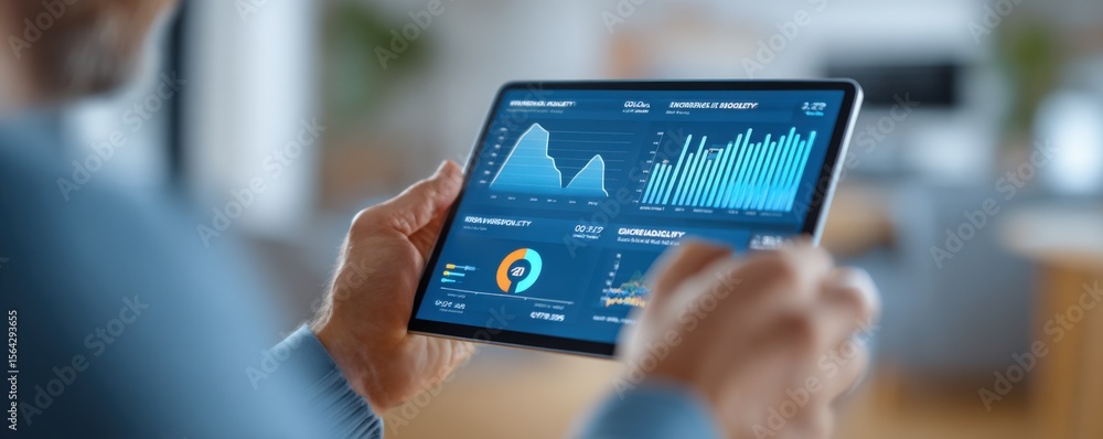 Aufkleber Businessperson analyzing financial data on a tablet with graphs and charts in a modern office environment for data analysis and performance review