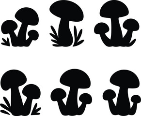 Collection of simple black silhouette mushroom with grass elements isolated on a vector graphic