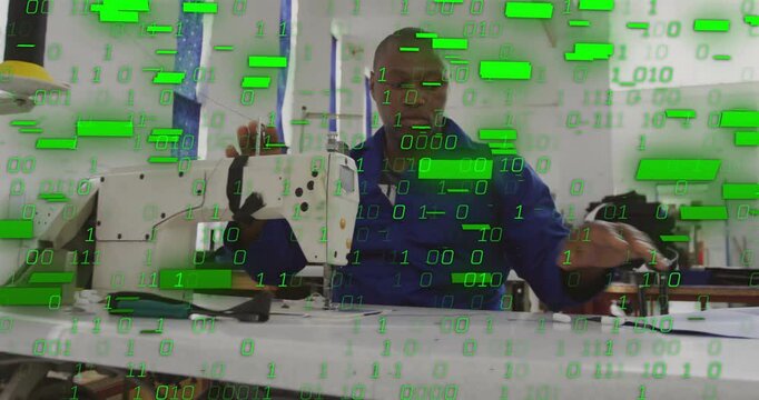 tailor lifting spool threading sewing machine for fashion design, green binary code overlay growing