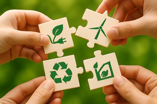 Hands connecting eco friendly puzzle pieces with green symbols image