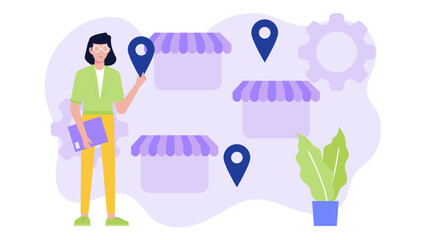 Woman holding a phone, using location pins to find shops. Perfect for marketing navigation apps, shopping guides, and retail promotions.
