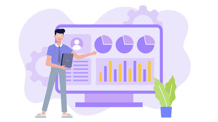 Man presenting business data charts on a large screen. Suitable for presentations, reports, financial analysis, business meetings, conferences.