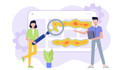 Two people analyzing heatmap data on a screen with a magnifier, suitable for technology and data analysis concepts. Perfect for presentations.