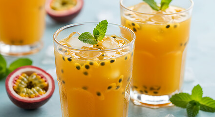 Refreshing Passion Fruit Juice with Mint and Ice