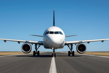 Naklejka premium White airplane front view on runway aircraft airliner