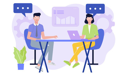 Two individuals discussing business strategies, suitable for marketing materials, presentations, articles, websites, and blogs featuring teamwork and collaboration.