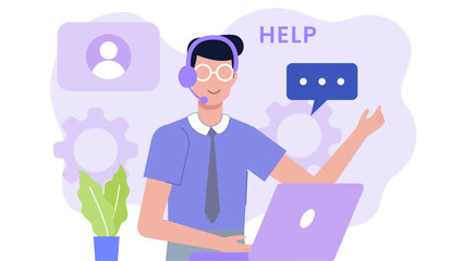 Helpful customer service agent assisting customers with a laptop. Suitable for tech support, online chat services, customer service concepts.