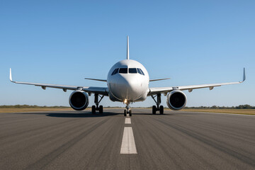 White jetliner on airport runway under clear blue sky airplane aircraft