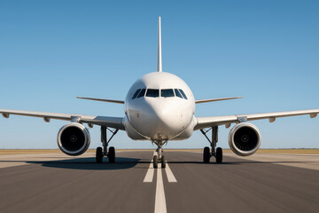 Naklejka premium White jetliner on tarmac under clear blue sky airplane aircraft