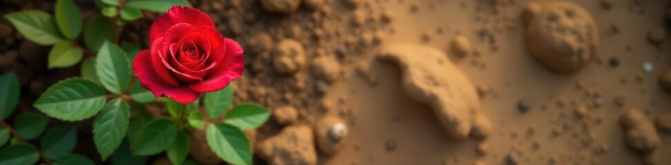 Single vibrant red rose amidst dry earth; overhead shot , earth, copy space, hope