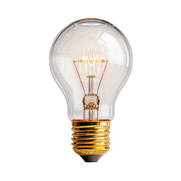 Close up of a vintage edison style lightbulb with incandescent filament and golden base isolated on white transparent background PNG