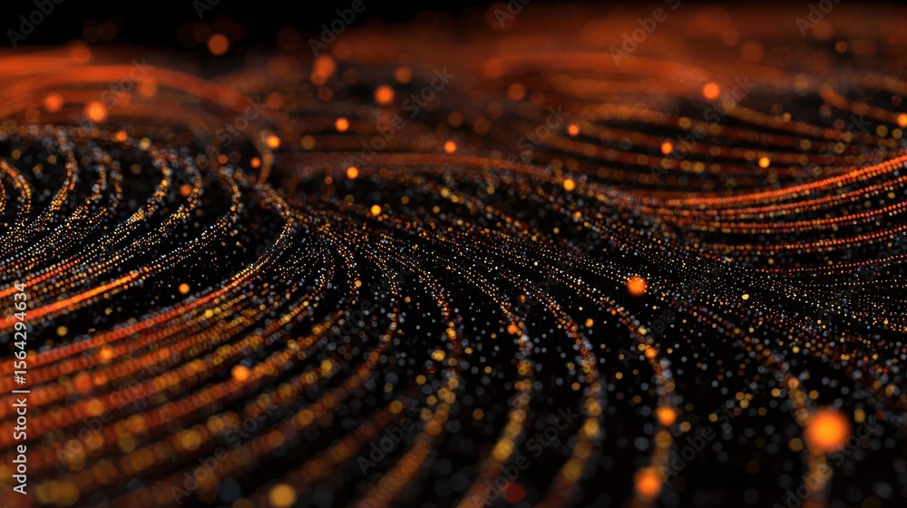 Poster abstract design with swirling patterns of orange and black particles.