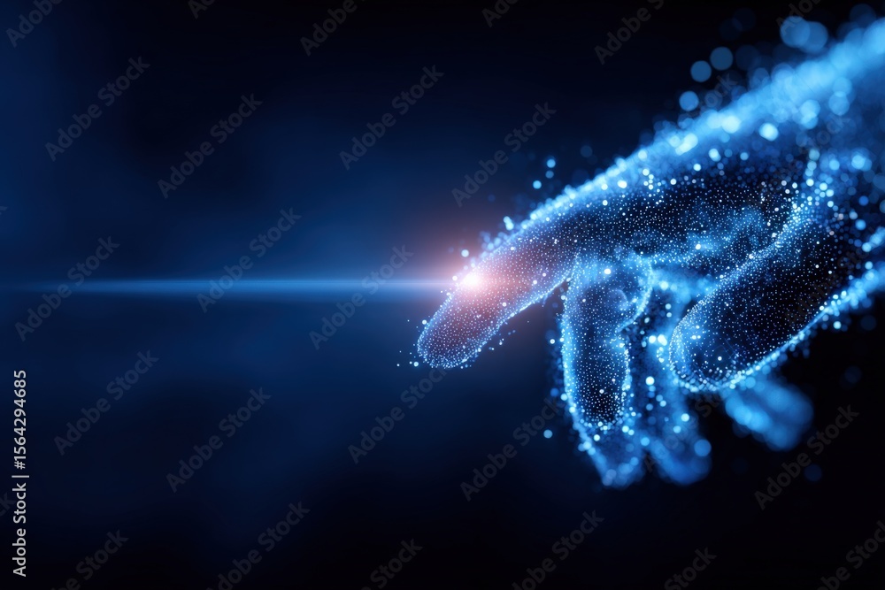 Poster futuristic digital hand made of blue glowing particles reaching out with light effects in a high-tec