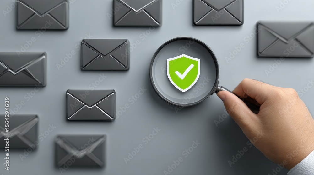 Aufkleber Modern secure email verification concept with magnifying glass and checkmark symbol over multiple closed envelopes representing email security and authentication