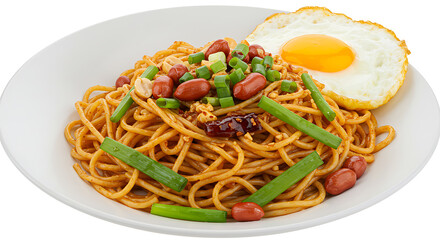 Noodles with Fried Egg and Toppings on White Plate