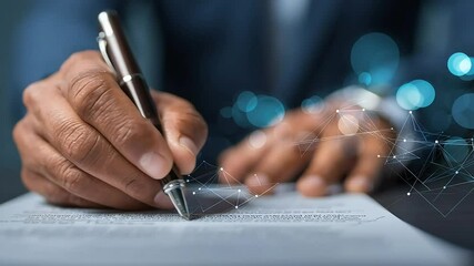 Close-Up of Hand Signing Document with Pen and Digital Effects with ai generated