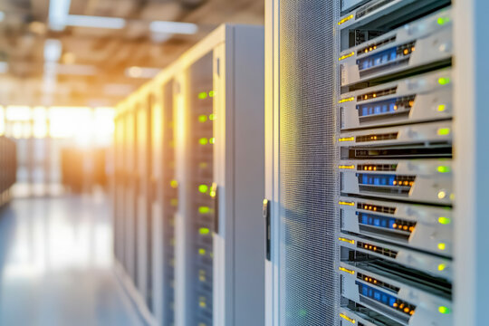 Modern Data Center Servers with LED Indicators and Warm Light