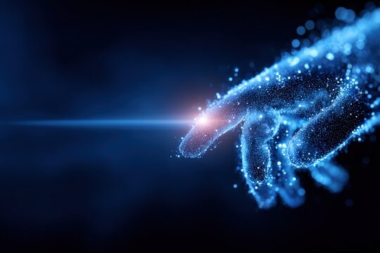 Futuristic digital hand made of blue glowing particles reaching out with light effects in a high-tech environment, symbolizing technology innovation and digital connectivity