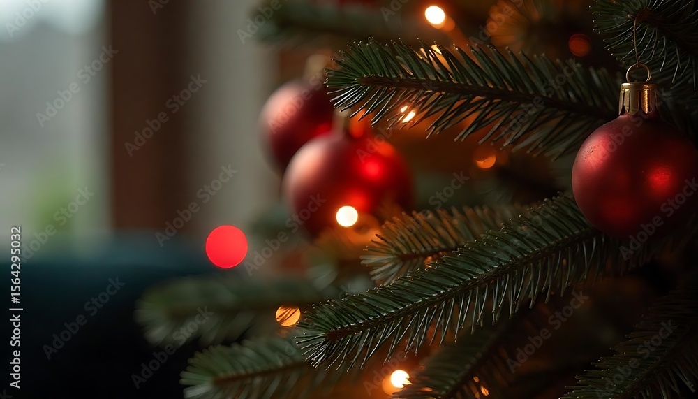 Fototapete christmas tree with christmas loading text and red bokeh lights, created with generative ai