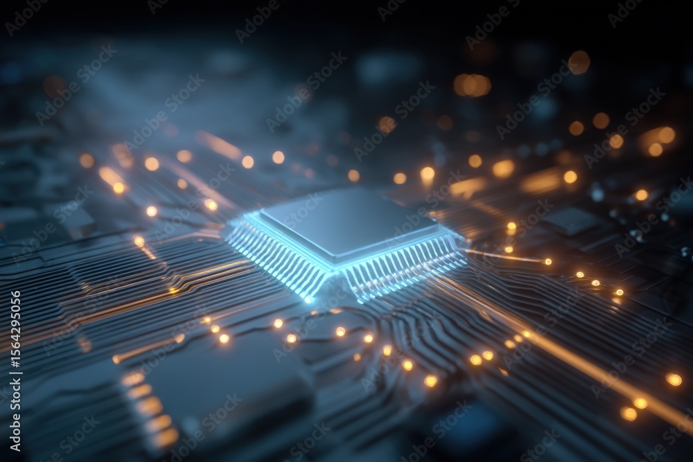 Poster Close-up of a futuristic computer microchip embedded in a digital circuit board with glowing orange light effects and high-tech electronic components