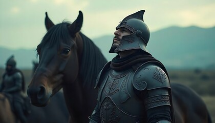 Obraz premium Cinematic ancient knight in armor with head up looking to the sky, created with generative ai