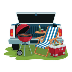 Red Kettle Grill Beside Striped Beach Chair Near Pickup Truck Tailgate on Grass barbecue 1