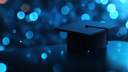 Black graduation cap on a table with blue bokeh lights behind it. Concept of education, university, and achievement.