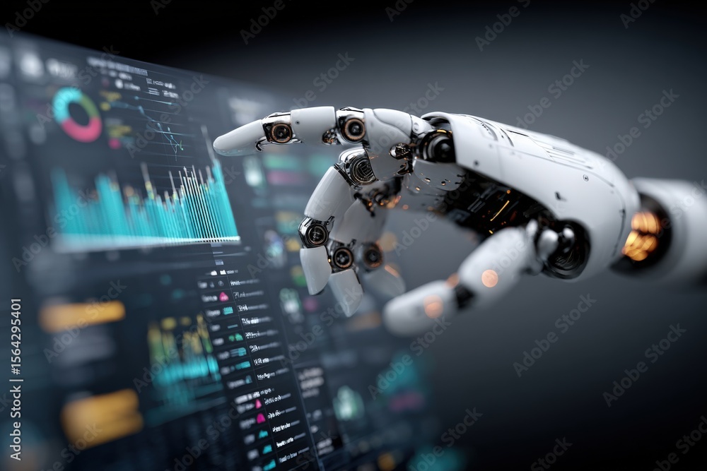 Poster Highly detailed futuristic humanoid robot interacting with digital data on multiple screens in a technological environment