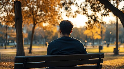 Young man sitting alone on a park bench, deep in thought after a therapy session. 