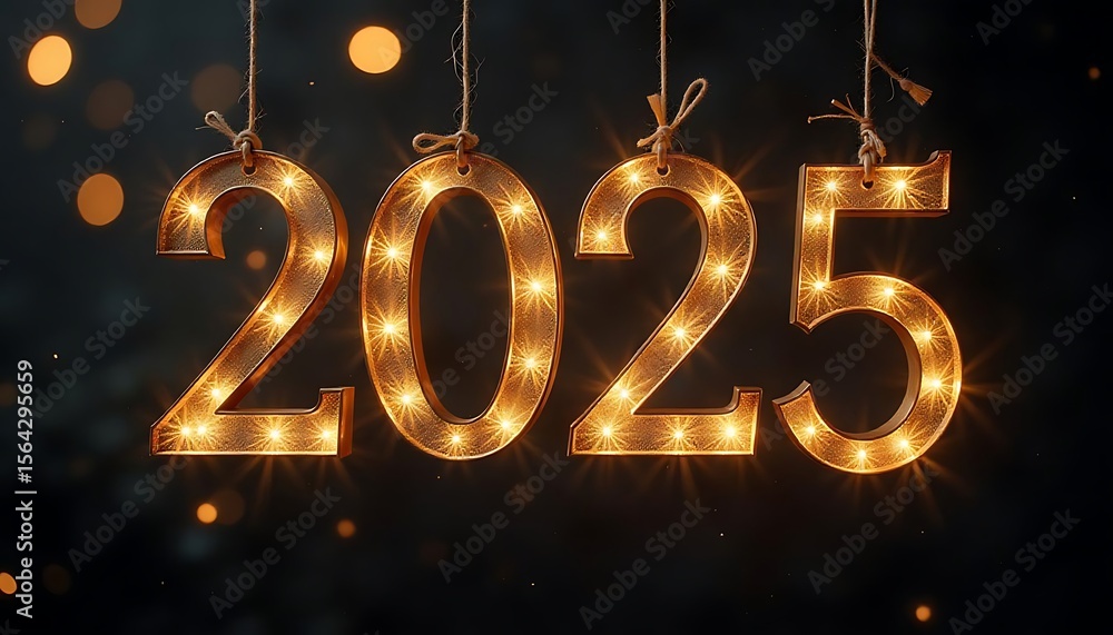 Fototapete golden 2025 happy new year text on a dark background connected with each other hanging, created with